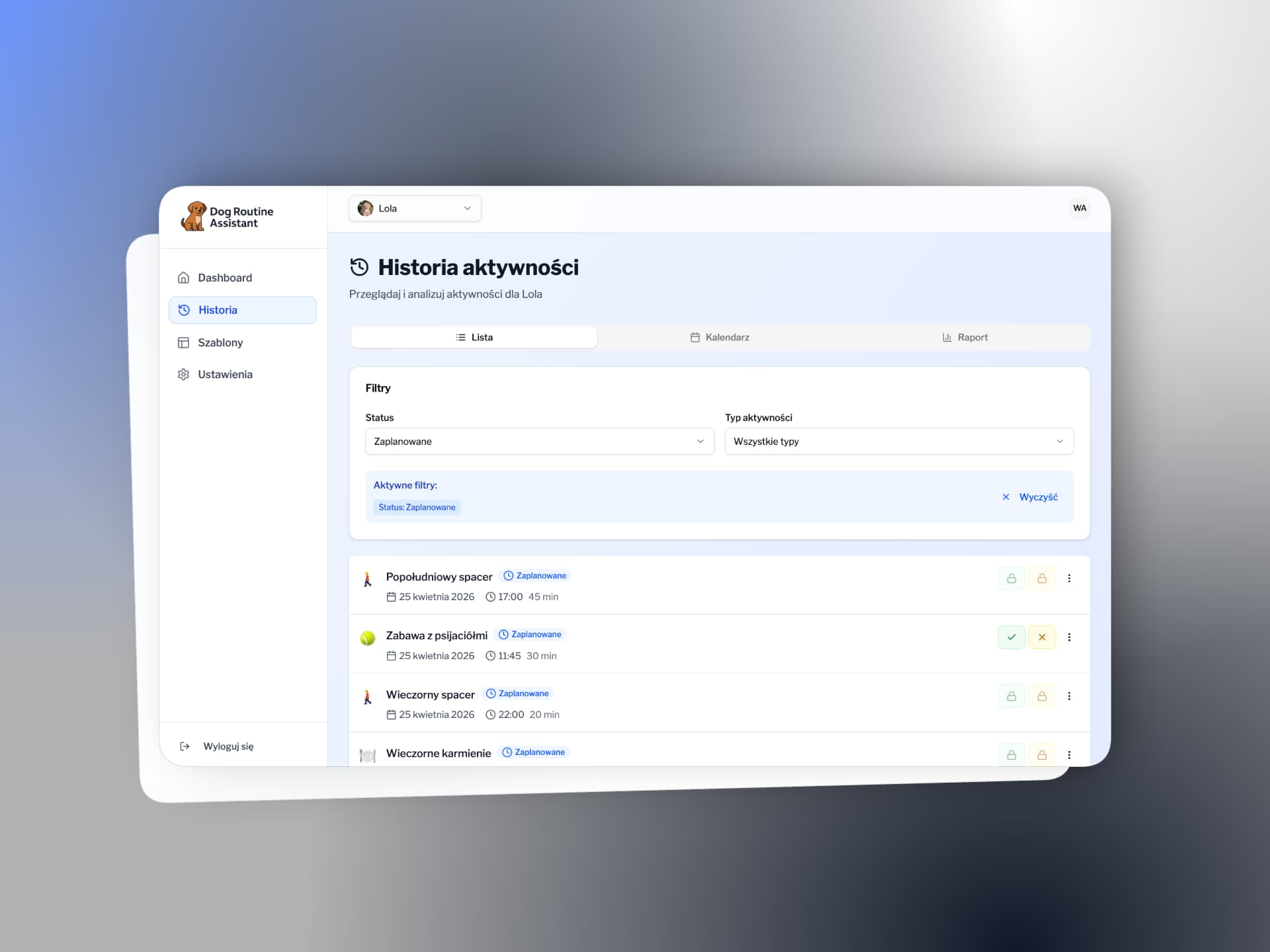 Activity history - list view with filters by status and activity type