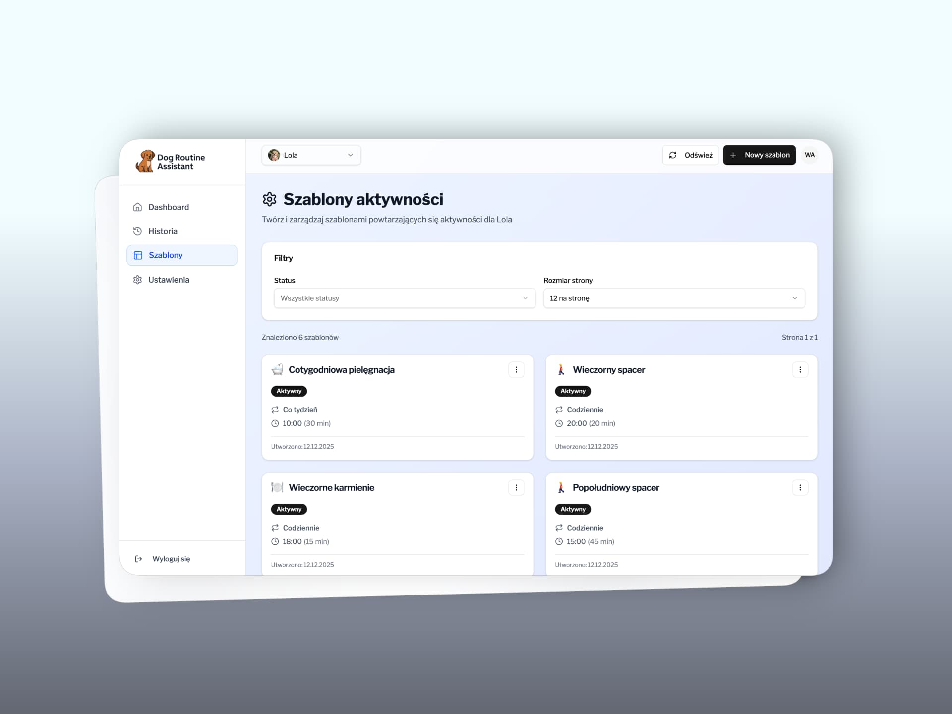 Activity templates page - 6 RRULE-based templates with Active status badges