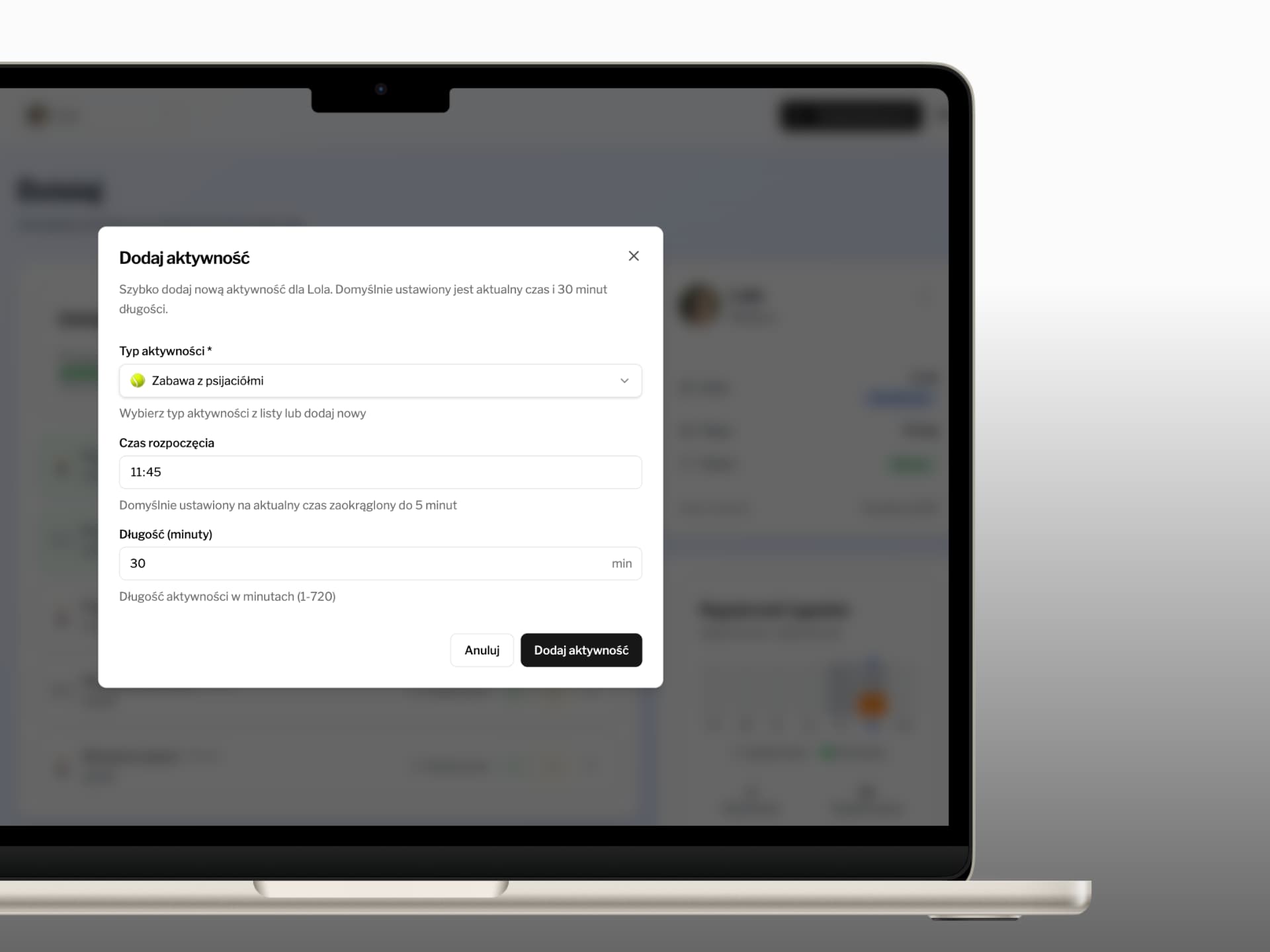 Quick-add activity modal - defaults to current time and 30-minute duration