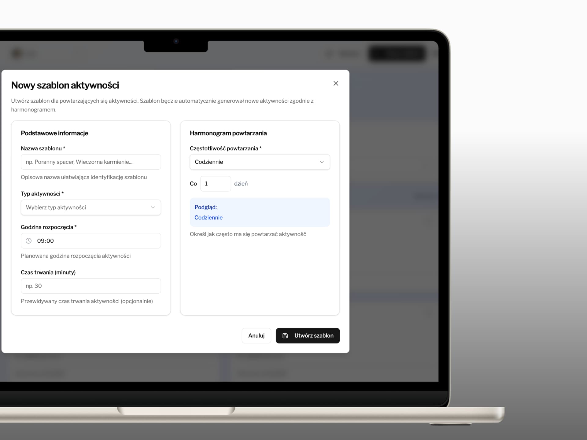 New template modal - basic information and RRULE recurrence schedule with real-time preview