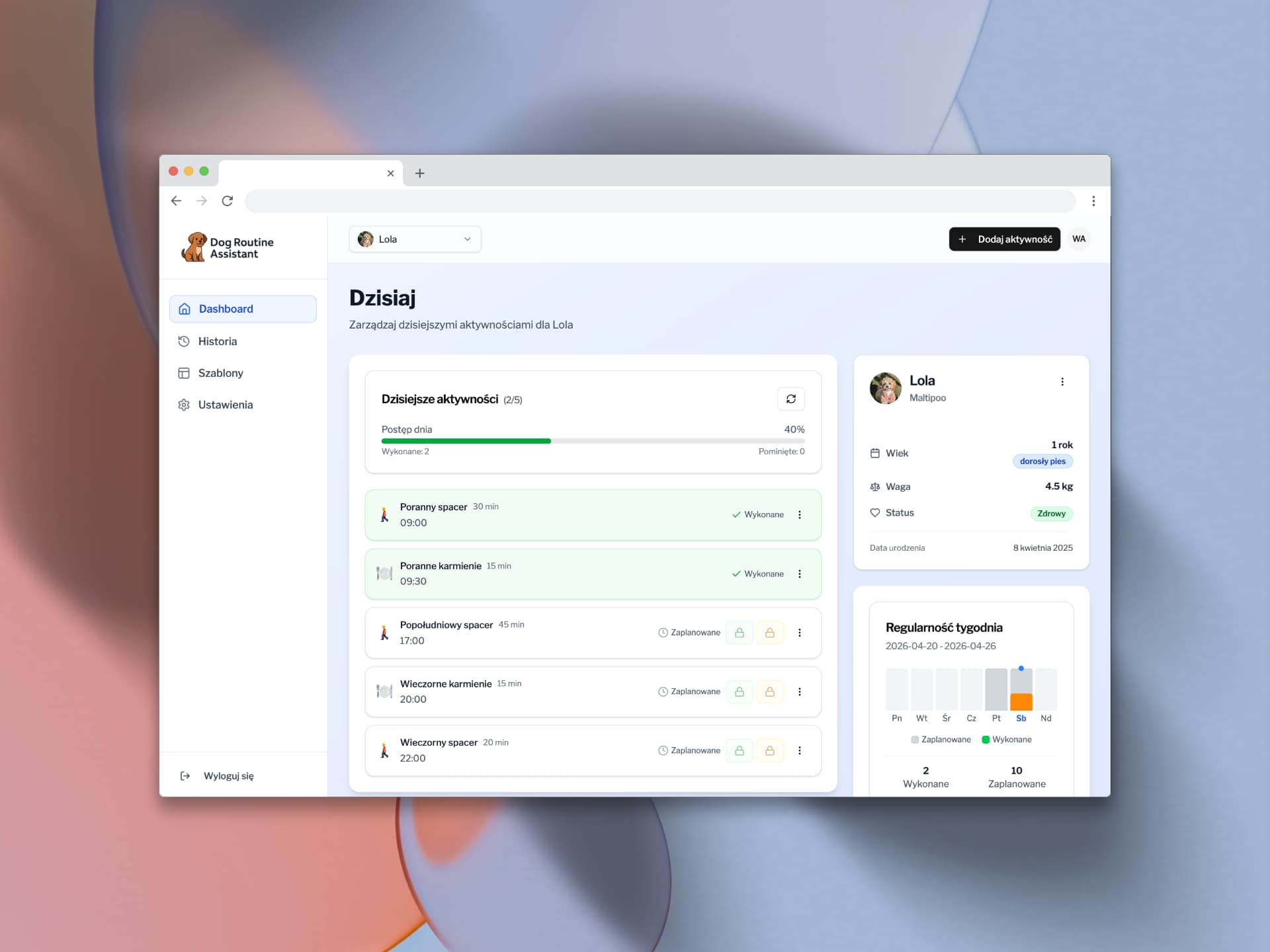 Dashboard - daily activity view with progress bar, dog profile card and weekly consistency chart