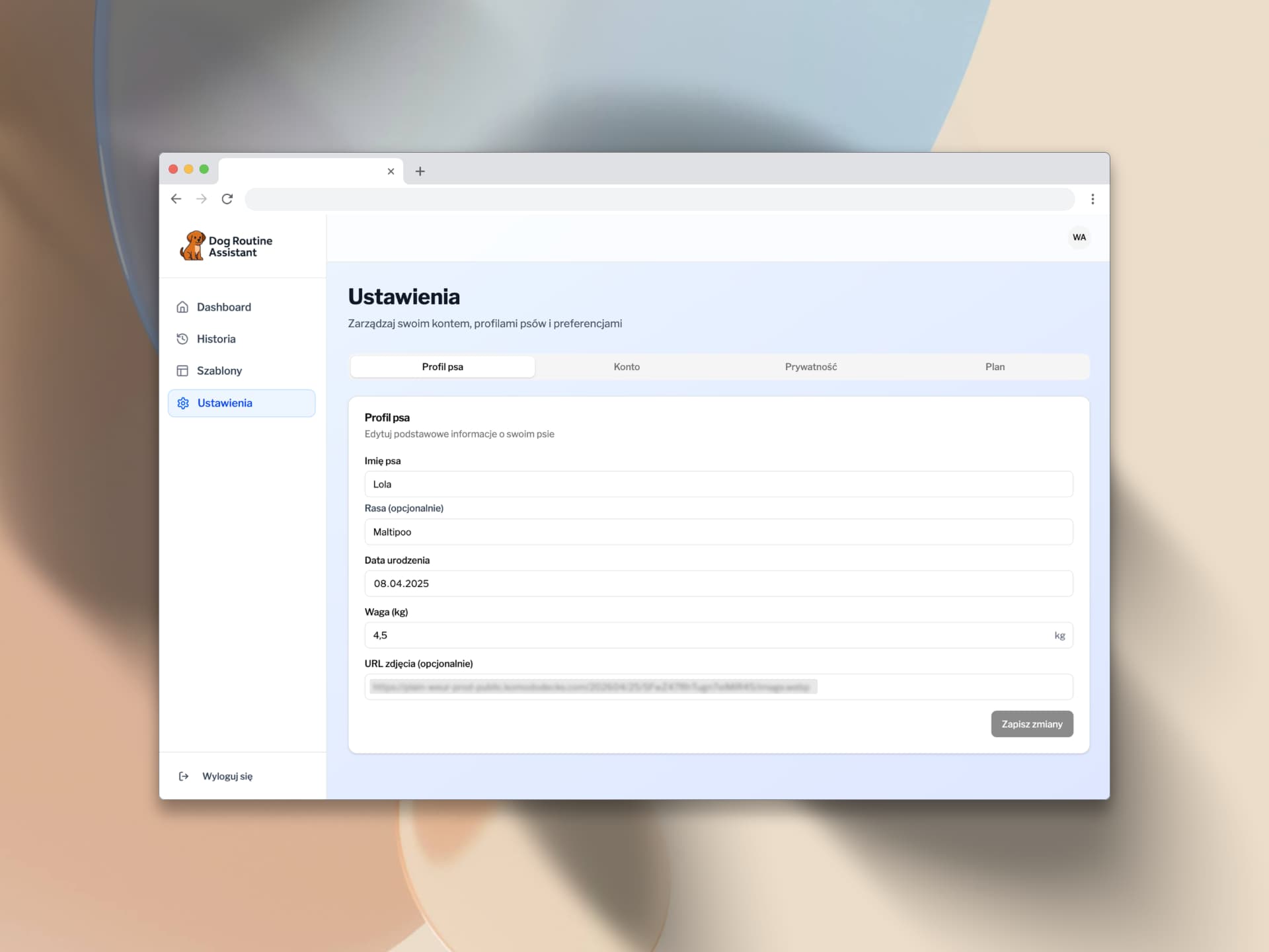 Settings - dog profile tab with editable fields: name, breed, date of birth, weight